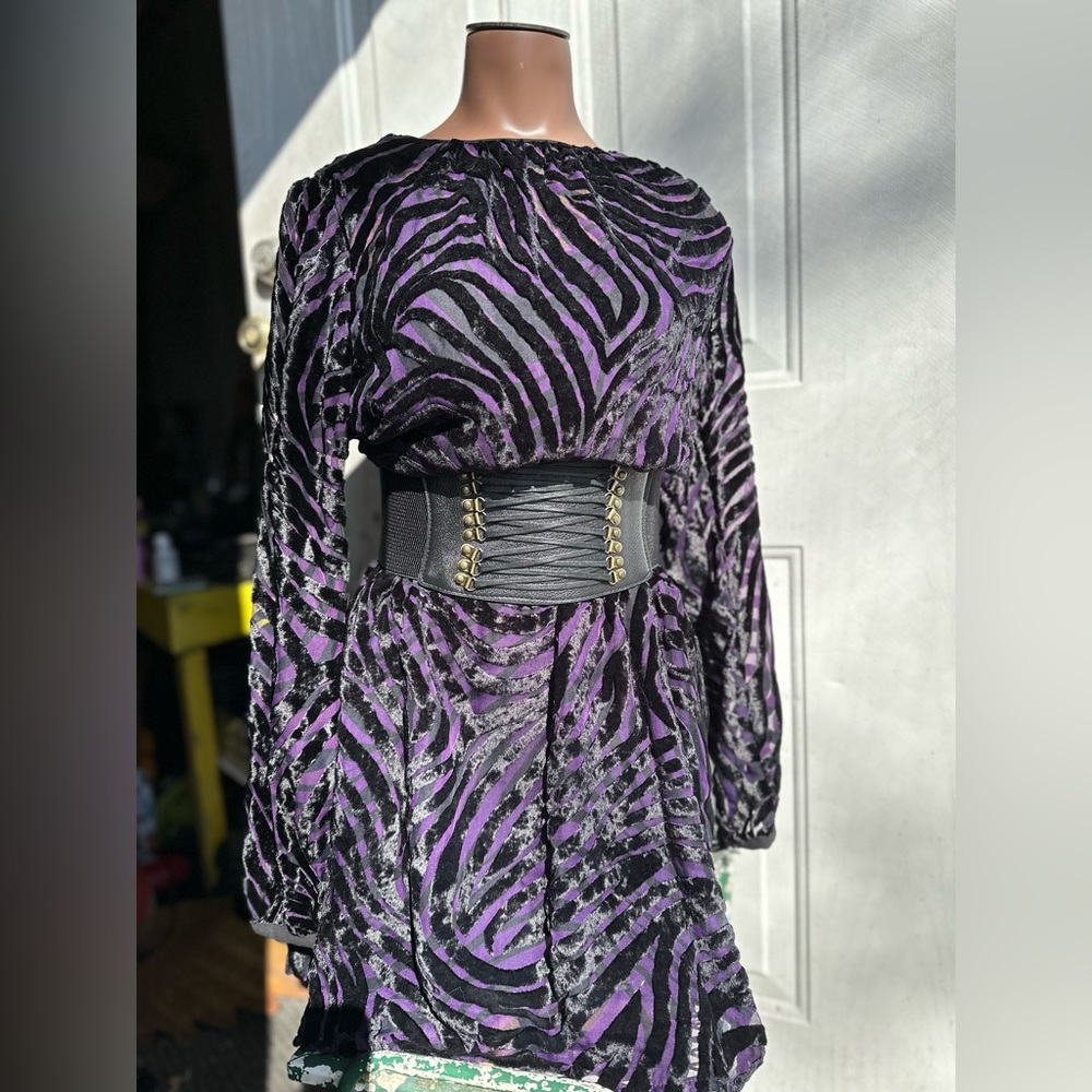 Purple and black velvet zebra striped dress
